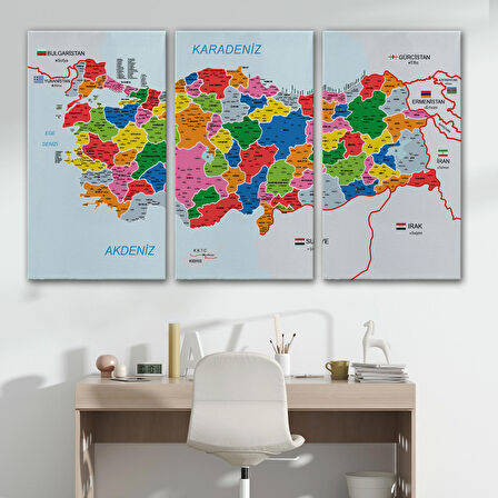 Harita Sepeti Türkiye Haritası Kanvas Tablo İl ve İlçeli Ayrıntılı Eğitici Komşulu Tablo 3023