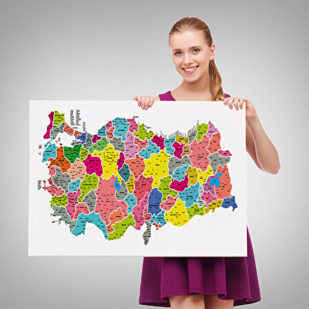 Harita Sepeti Türkiye Haritası Kanvas Tablo İl ve İlçeli Ayrıntılı Eğitici Dekoratif Tablo 3024