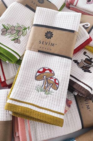 Sevim 2’li Mutfak Havlusu – Hardal Rengi – Mantar Nakışlı