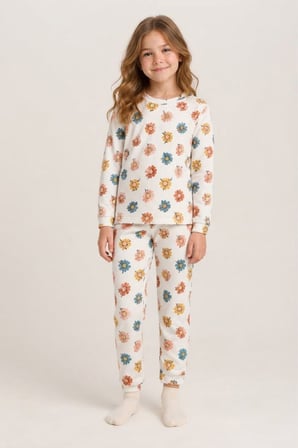 Kız Çocuk Çiçek-kurdela-kuzu Baskılı Pamuklu Pijama Takım TKM1025