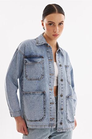 Explode - Kadın Oversize Kot Ceket Açık Mavi