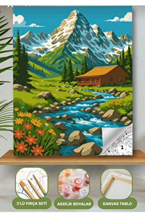 Sayılarla Boyama Seti 40x50 Cm (Çıtalı) Fırça Boya Dahil Numaralı Tuval Şelale Manzara