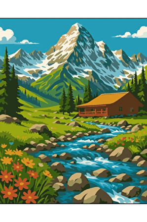 Sayılarla Boyama Seti 40x50 Cm (Çıtalı) Fırça Boya Dahil Numaralı Tuval Şelale Manzara