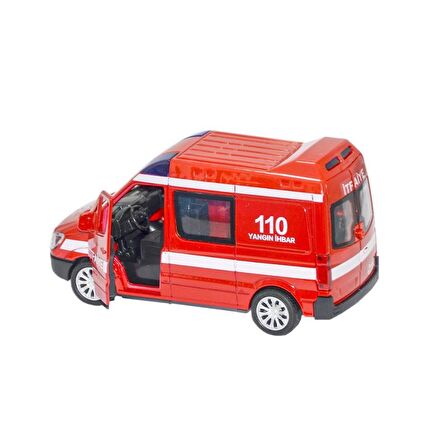 Diecast Metal İTFAİYE Mercedes Sprinter Çek Bırak Işıklı Siren Sesli 14 Cm kapıları açılır