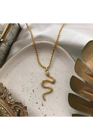 Kadın Altın Rengi Yılan Figürlü Gold Kombin Kolye