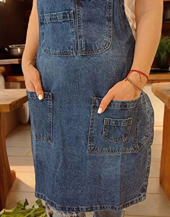 Kot Kumaş Boyundan Askılı Çok Cepli Mutfak Önlüğü