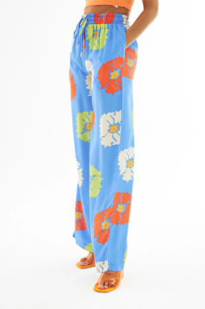 KADIN BELİ LASTİKLİ ÇİÇEK DESENLİ RAHAT KALIP PANTOLON