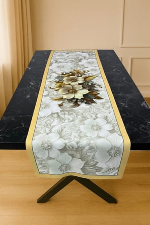 Magnolia Gold – 3D Çiçek Desenli Masa Runner & 4’lü Supla Takımı