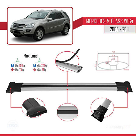 Mercedes M Class 2 (W164) 2005-2011 Arası ile Uyumlu FLY Model Ara Atkı Tavan Barı Gri 2 Adet