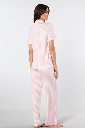 Türen Çizgili Kısa Kollu Gömlek Yaka Pijama Takımı 3355/Pembe