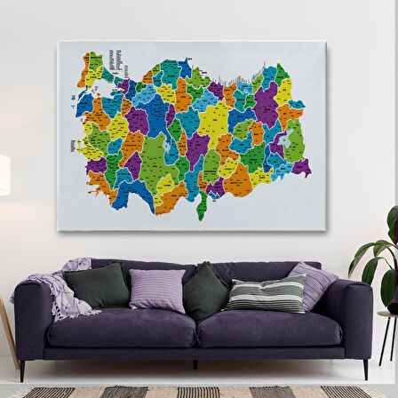 Harita Sepeti Türkiye Haritası Kanvas Tablo İl ve İlçeli Ayrıntılı Eğitici Dekoratif Tablo 3032