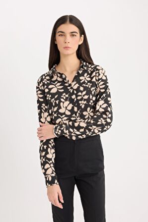 Oversize Geniş Kalıp Gömlek Yaka Baskılı Uzun Kollu Tunik