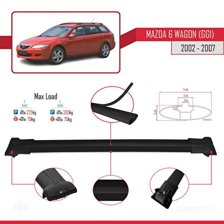 Mazda 6 I (GG1) 2002-2007 Arası ile Uyumlu FLY Model Ara Atkı Tavan Barı Siyah 3 Adet
