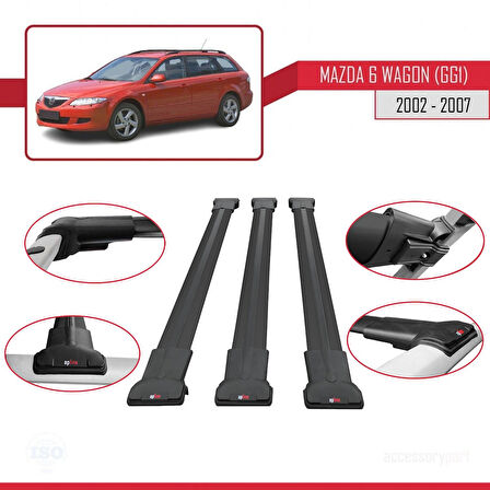 Mazda 6 I (GG1) 2002-2007 Arası ile Uyumlu FLY Model Ara Atkı Tavan Barı Siyah 3 Adet
