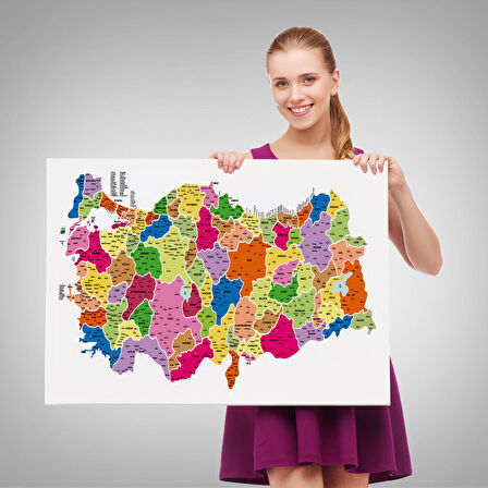 Harita Sepeti Türkiye Haritası Kanvas Tablo İl ve İlçeli Ayrıntılı Eğitici Dekoratif Tablo 3036