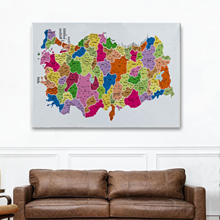 Harita Sepeti Türkiye Haritası Kanvas Tablo İl ve İlçeli Ayrıntılı Eğitici Dekoratif Tablo 3036