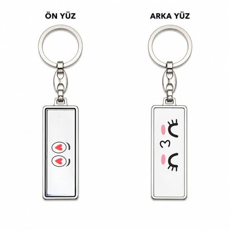 Kalp Emoji Tasarımlı Çift Yüz Baskılı Krom Hediyelik Anahtarlık
