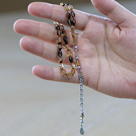 Kararmaz Metal Arnavut Zincir Püsküllü Arpa Kesim Siyah-Beyaz Bilek Boy Ateş Kehribar Tesbih