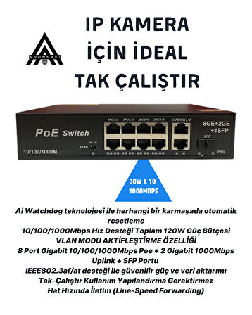 Anunnaki 3038GE 8 Port Gigabit PoE Switch 22Gbps, 120W Güç 2 Uplink+SFP AI Watchdog VLAN
