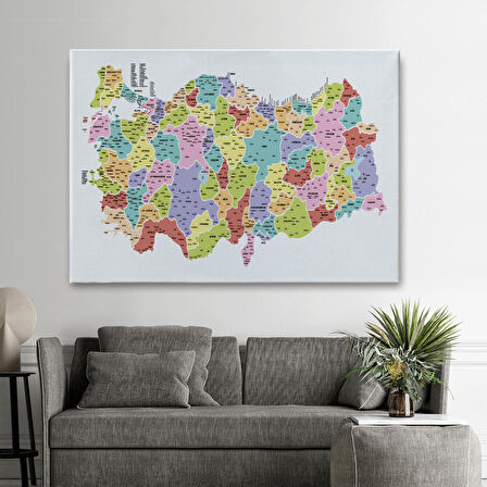 Harita Sepeti Türkiye Haritası Kanvas Tablo İl ve İlçeli Ayrıntılı Eğitici Dekoratif Tablo 3039