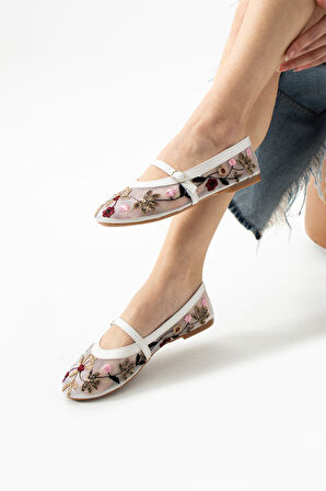 Günlük Kadın Babet Bantlı Lastik Tokalı Çiçek Detaylı Transparan Hafif Rahat Ayakkabı 304