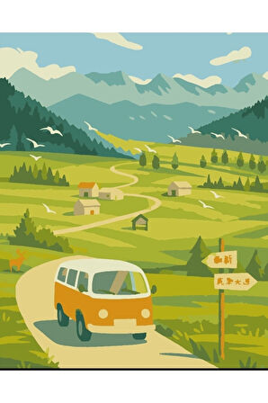 Sayılarla Boyama Seti 40x50 Cm (Çıtalı) Fırça Boya Dahil Numaralı Tuval Sarı Araba Manzaralı