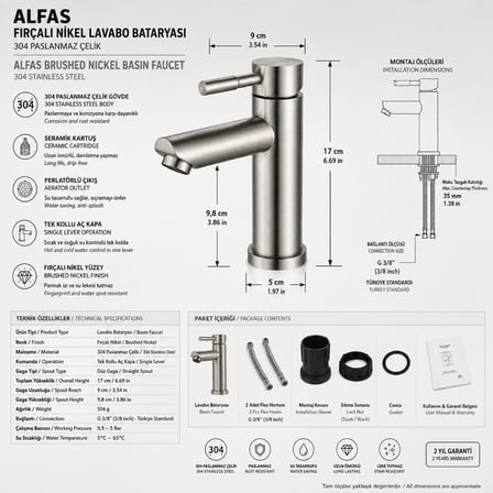 Lavabo Bataryası İnox Fırçalı Nikel 304 Paslanmaz Çelik Aç Kapa Banyo Bataryası 17x9cm