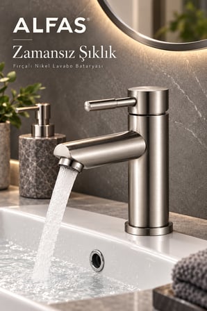 Lavabo Bataryası İnox Fırçalı Nikel 304 Paslanmaz Çelik Aç Kapa Banyo Bataryası 17x9cm