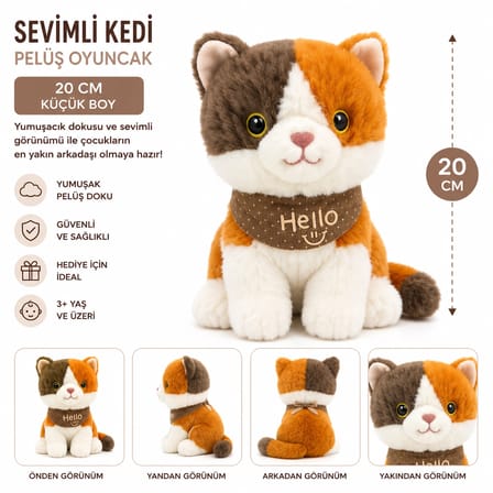 Sevimli Kedi Pelüş Oyuncak 20 cm – Küçük Boy, Hello Fularlı