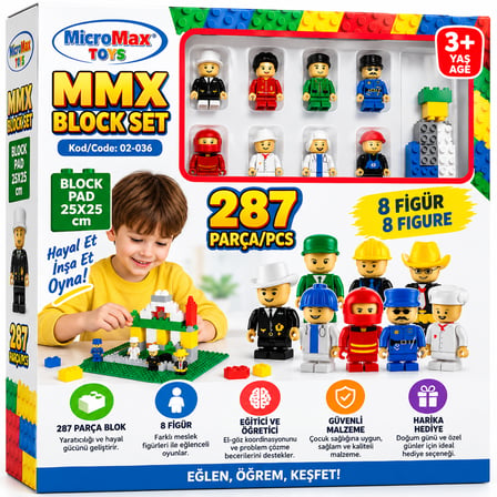 Mmx Block Set 287 Parça 8 Figürlü Blok Oyuncak Seti 25X25 Oyun Tabanı 3+ Yaş
