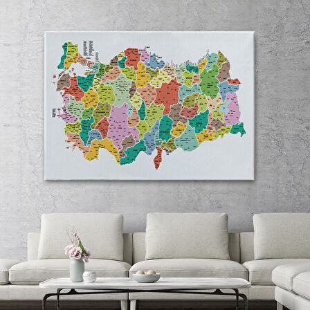 Harita Sepeti Türkiye Haritası Kanvas Tablo İl ve İlçeli Ayrıntılı Eğitici Dekoratif Tablo 3040