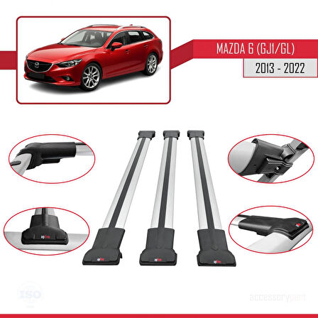 Mazda 6 III (GJ1/GL) 2013-2022 Arası ile Uyumlu FLY Model Ara Atkı Tavan Barı Gri 3 Adet