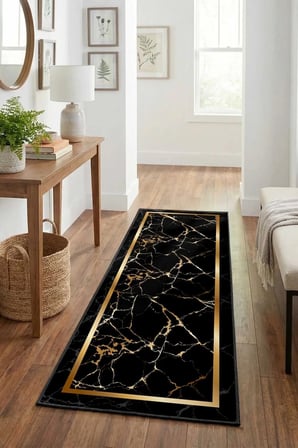 Yıkanabilir Kaymaz Siyah Gold Mermer Dijital Baskılı Yolluk Halı Tüy Tutmaz