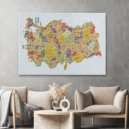 Harita Sepeti Türkiye Haritası Kanvas Tablo İl ve İlçeli Ayrıntılı Eğitici Dekoratif Tablo 3042