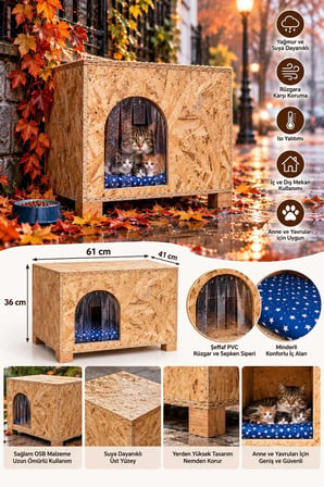 Reyo Minderli Büyük Boy Kedi Evi Anne ve Yavruları İçin, Yetişkin Kedi Barınağı 61x41x36 cm Kedi Yuvası CAT49M (Demonte)