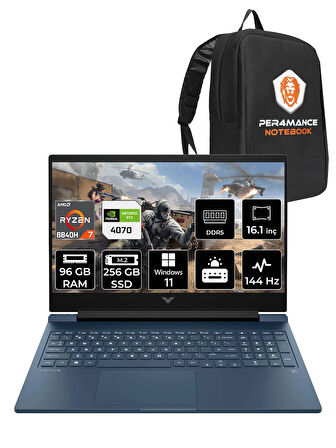 HP Victus 16 R7 8840H 96GB RAM 256GB SSD RTX4070/8GB 144Hz 16.1'' FHD W11P Gaming Laptop & PER4 ÇANTA