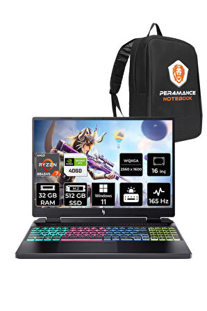 Acer Nitro 16 R7 8845HS 32GB 512GB SSD RTX4060/8GB 165Hz WQXGA 16" W11H Gaming Laptop & PER4 ÇANTA