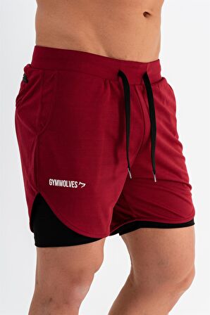 Gymwolves Erkek Spor Şort Çift Katmanlı | Bordo | Comfortable Serisi |