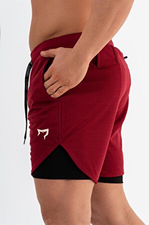 Gymwolves Erkek Spor Şort Çift Katmanlı | Bordo | Comfortable Serisi |