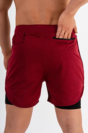 Gymwolves Erkek Spor Şort Çift Katmanlı | Bordo | Comfortable Serisi |