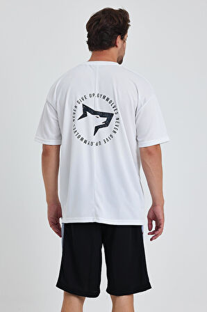 Gymwolves Erkek Over Size Spor T-Shirt | Sırta Kurt  Baskılı | Workout T-Shirt | Tişört | Beyaz |