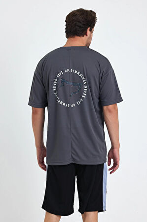 Gymwolves Erkek Over Size Spor T-Shirt | Sırta Kurt  Baskılı | Workout T-Shirt | Tişört | Füme |