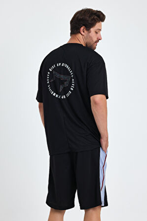 Gymwolves Erkek Over Size Spor T-Shirt | Sırta Kurt  Baskılı | Workout T-Shirt | Tişört | Siyah |