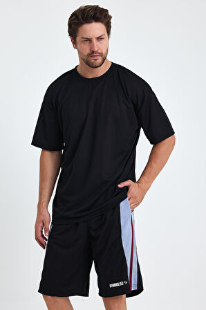 Gymwolves Erkek Over Size Spor T-Shirt | Sırta Kurt  Baskılı | Workout T-Shirt | Tişört | Siyah |