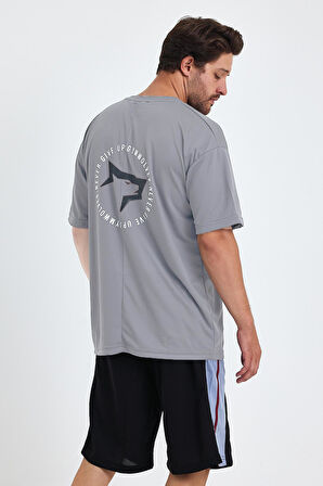 Gymwolves Erkek Over Size Spor T-Shirt | Sırta Kurt  Baskılı | Workout T-Shirt | Tişört | Light Grey |