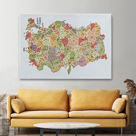 Harita Sepeti Türkiye Haritası Kanvas Tablo İl ve İlçeli Ayrıntılı Eğitici Dekoratif Tablo 3045