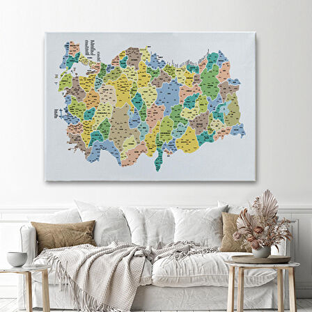 Harita Sepeti Türkiye Haritası Kanvas Tablo İl ve İlçeli Ayrıntılı Eğitici Dekoratif Tablo 3046