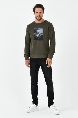 Erkek Kışlık Baskılı Bisiklet Yaka Lacivert Sweatshirt