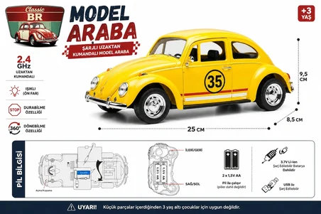 Classic Br Sarı Şarjlı Uzaktan Kumandalı Model Araba 25 cm