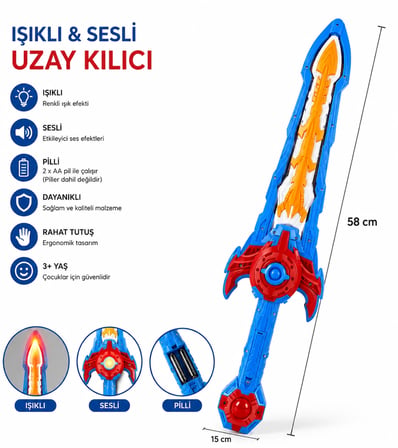 Işıklı ve Sesli Uzay Kılıcı – Renkli LED Efektli Oyuncak Kılıç | 58 cm